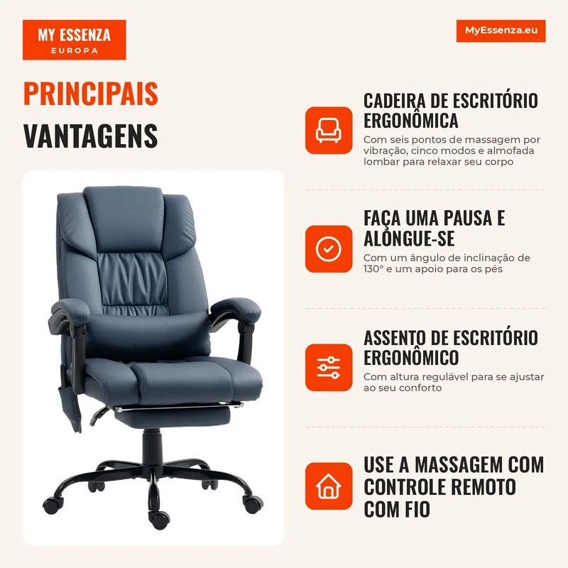 Cadeira de Massagem Apoio de Pés Altura Ajustável 66x75x112-122 cm Azul