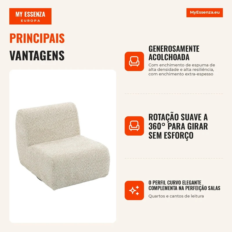 Poltrona de Sala Giratória 360° Poltrona 1 Lugar Estofada em Chenille com Assento Extra-largo Enchimento Espesso Bege