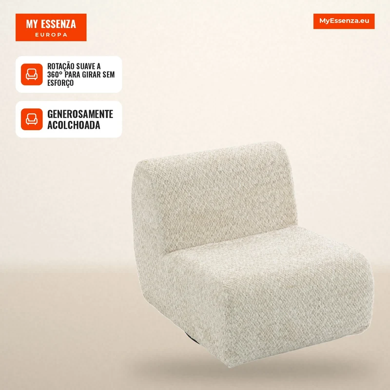 Poltrona de Sala Giratória 360° Poltrona 1 Lugar Estofada em Chenille com Assento Extra-largo Enchimento Espesso Bege