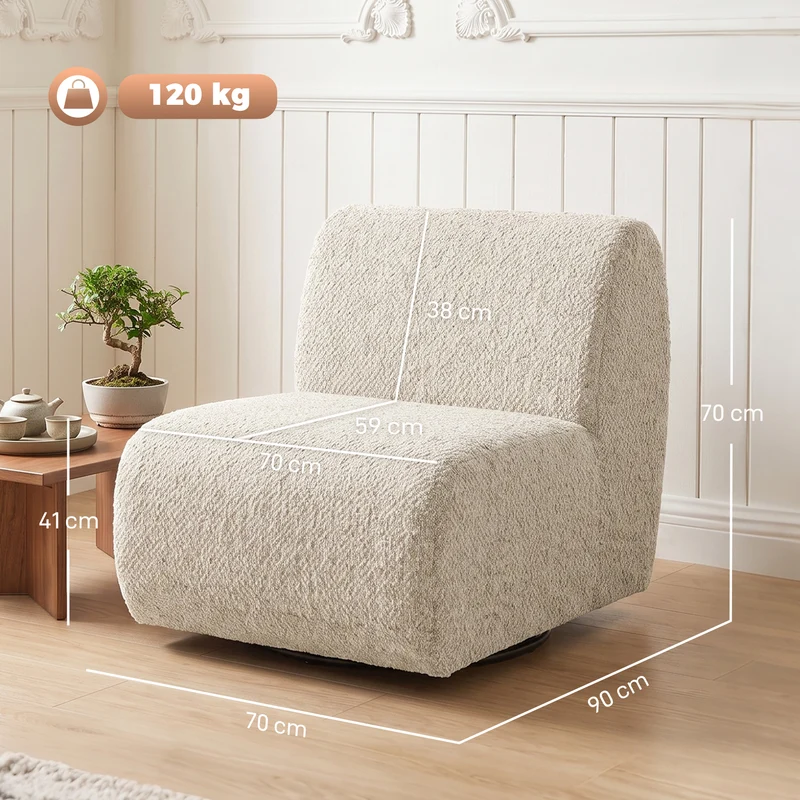 Poltrona de Sala Giratória 360° Poltrona 1 Lugar Estofada em Chenille com Assento Extra-largo Enchimento Espesso Bege