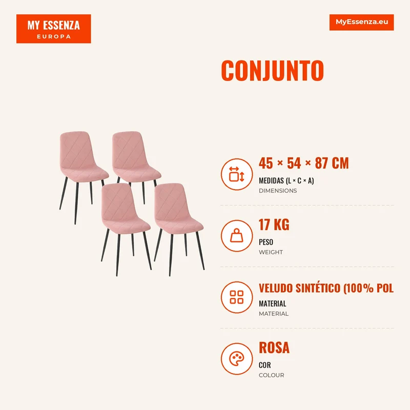 Conjunto de 4 Cadeiras de Jantar em Veludo com Pernas de Aço para Sala 45x54x87 cm Rosa