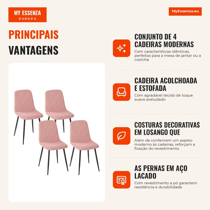 Conjunto de 4 Cadeiras de Jantar em Veludo com Pernas de Aço para Sala 45x54x87 cm Rosa