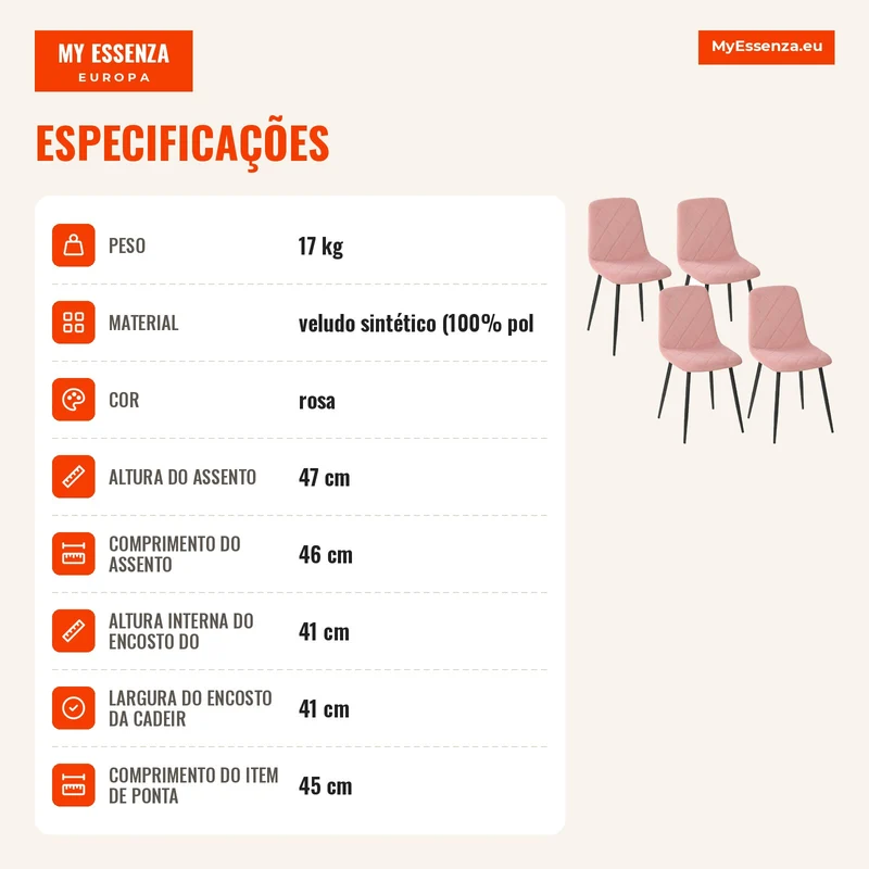 Conjunto de 4 Cadeiras de Jantar em Veludo com Pernas de Aço para Sala 45x54x87 cm Rosa