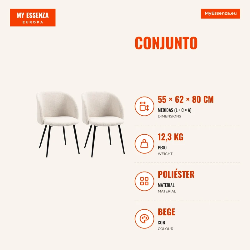Conjunto de 2 Cadeiras de Sala de Jantar com Encosto em Tecido Pernas em Aço 55x62x80 cm Bege Preto