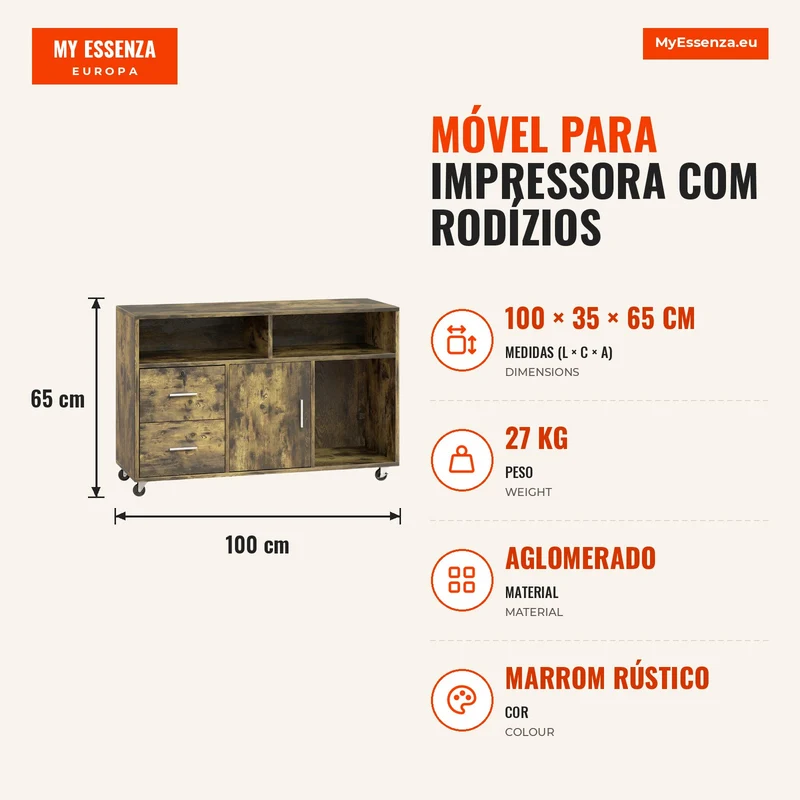 Móvel para Impressora com Rodízios 2 Gavetas 3 Prateleiras e 2 Armários em Madeira 100x35x65 cm Castanho