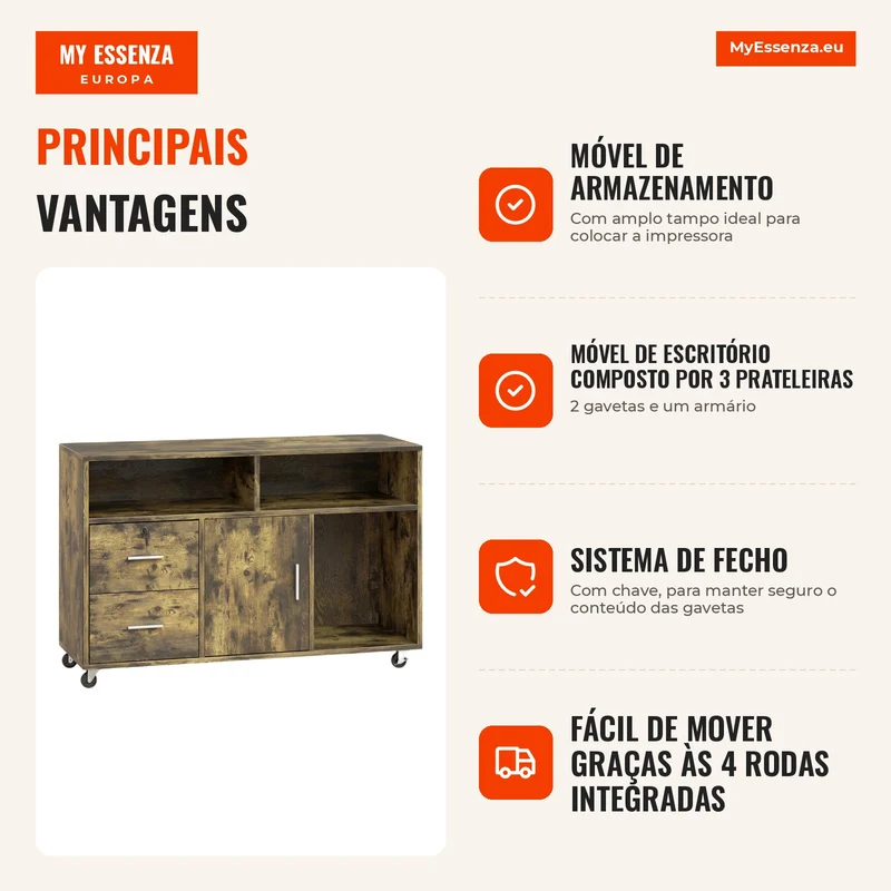 Móvel para Impressora com Rodízios 2 Gavetas 3 Prateleiras e 2 Armários em Madeira 100x35x65 cm Castanho