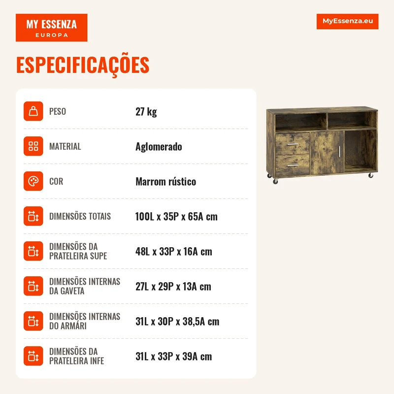 Móvel para Impressora com Rodízios 2 Gavetas 3 Prateleiras e 2 Armários em Madeira 100x35x65 cm Castanho