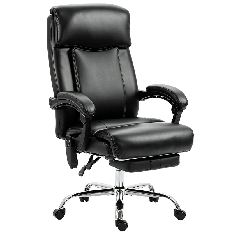 Cadeira de Escritório com Massagem Vibratória e Aquecimento Cadeira Ergonômica em PU com Altura Ajustável Preto