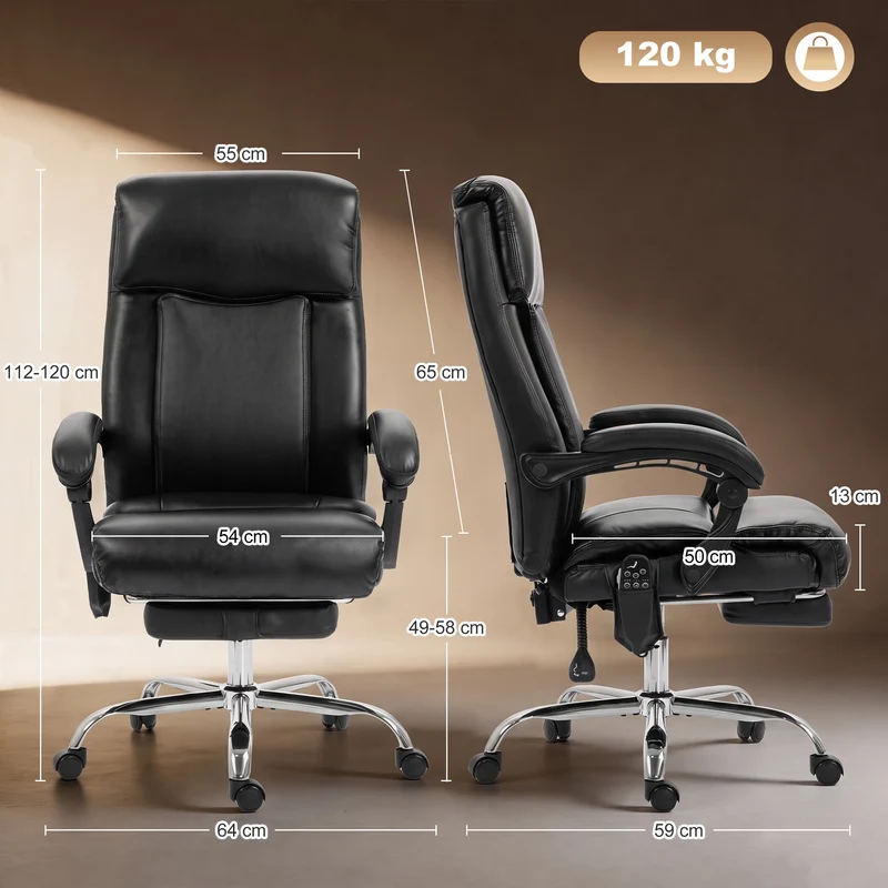 Cadeira de Escritório com Massagem Vibratória e Aquecimento Cadeira Ergonômica em PU com Altura Ajustável Preto