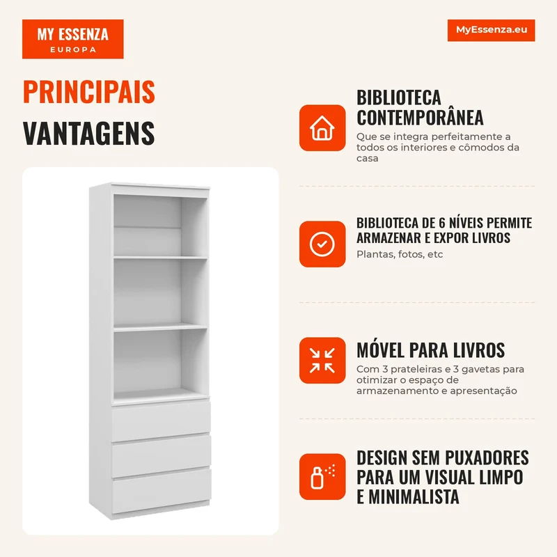 Estante Alta de 180 cm com 3 Prateleiras e 3 Gavetas 60x35x180 cm Branco