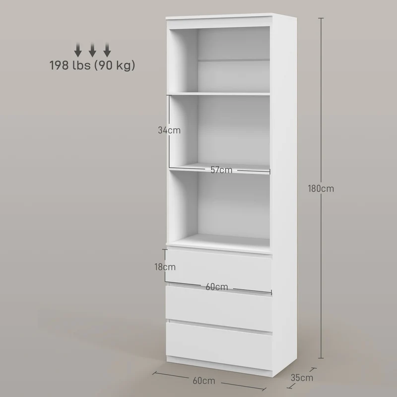 Estante Alta de 180 cm com 3 Prateleiras e 3 Gavetas 60x35x180 cm Branco