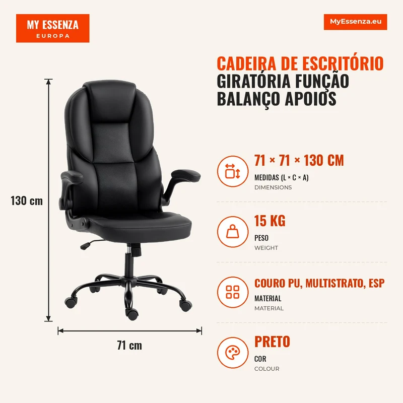 Cadeira de Escritório Giratória Função Balanço Apoios de Braço Rebatíveis Encosto Alto Altura Ajustável Preto