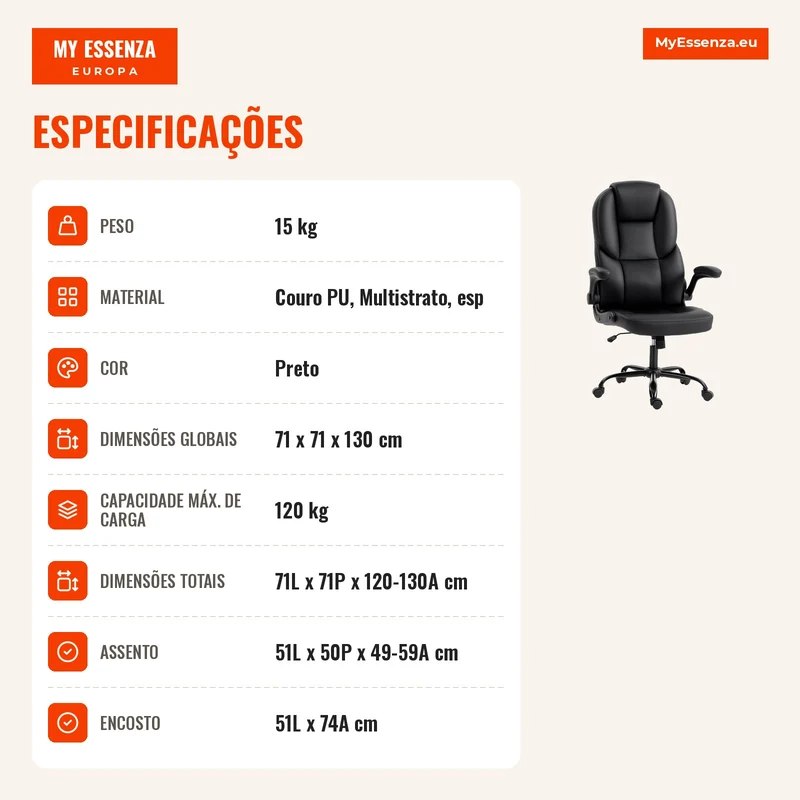 Cadeira de Escritório Giratória Função Balanço Apoios de Braço Rebatíveis Encosto Alto Altura Ajustável Preto