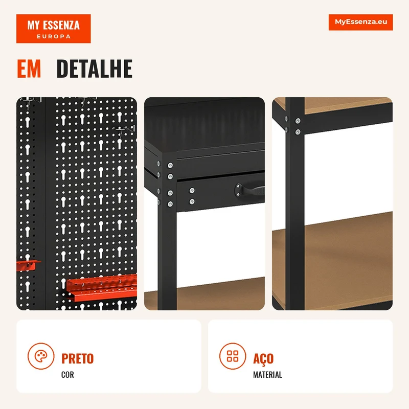 Bancada de Oficina com Painel Perfurado e 14 Ganchos 80x40,5x155 cm Preto