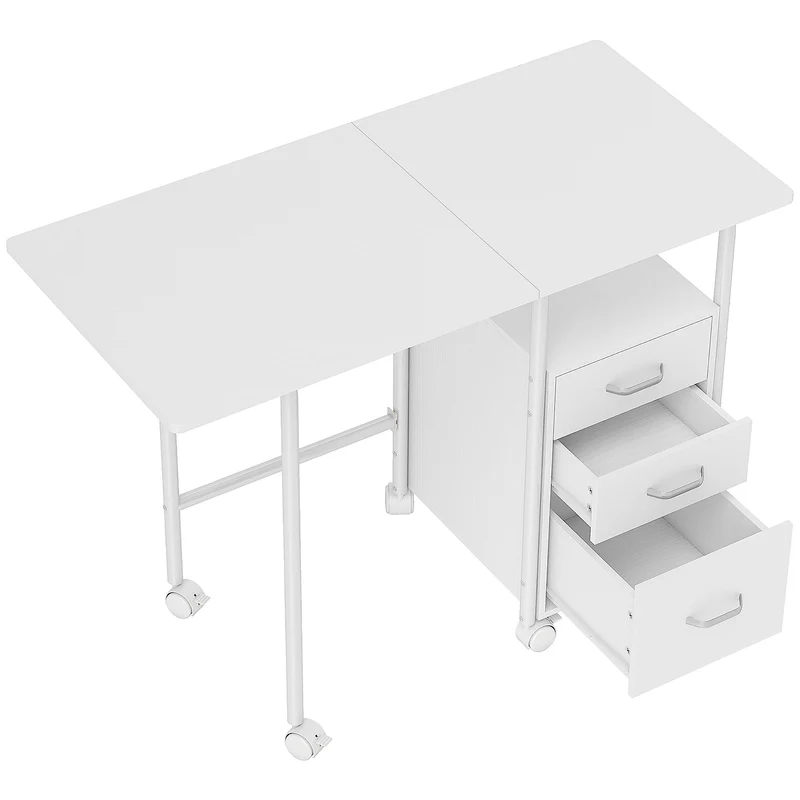 Secretária de Computador Dobrável com Rodas Secretária com Arrumação 3 Gavetas Tampo Extensível 105x51x75,5cm Branco