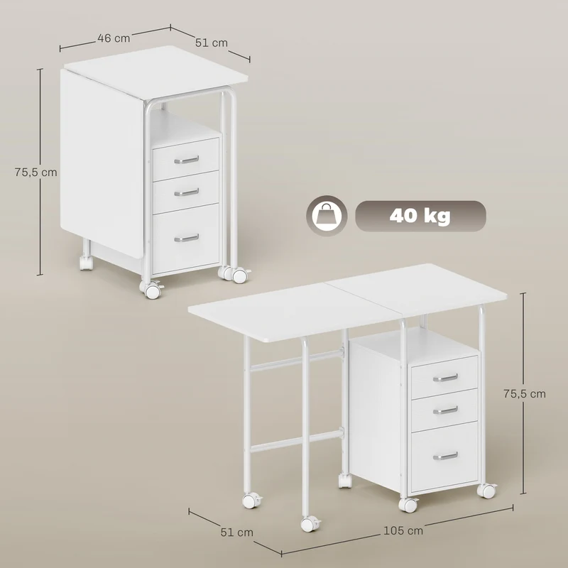 Secretária de Computador Dobrável com Rodas Secretária com Arrumação 3 Gavetas Tampo Extensível 105x51x75,5cm Branco