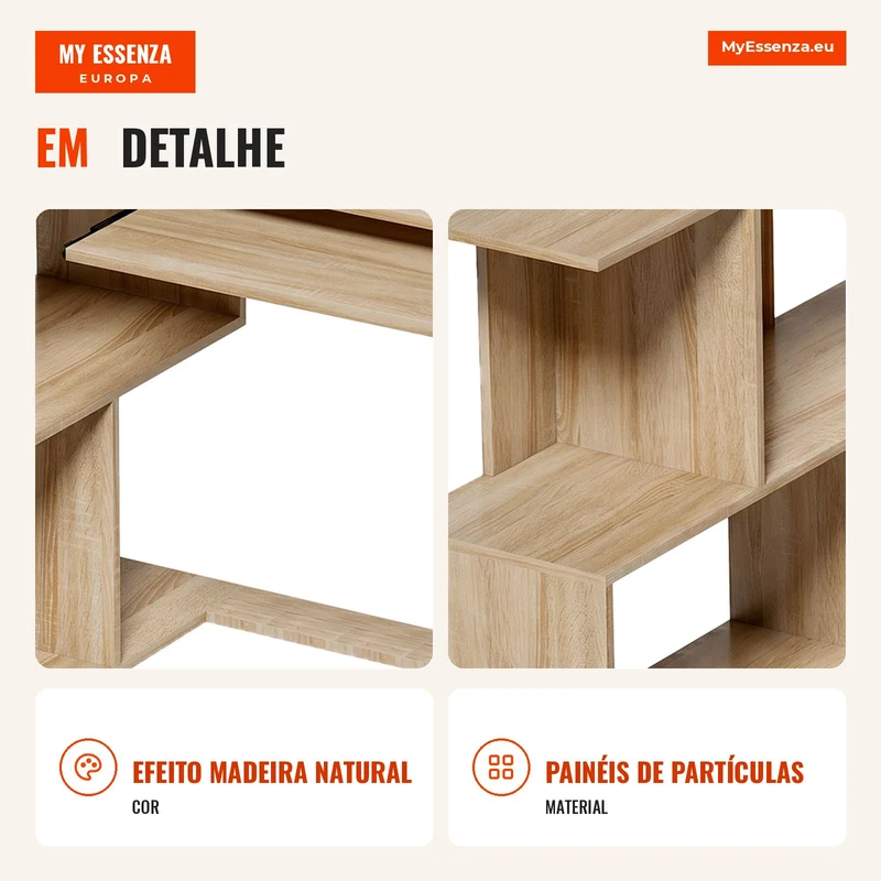 Secretária de Canto 120x100x76 cm Secretária Informática em L com Bandeja para Teclado 4 Compartimentos Abertos Natural