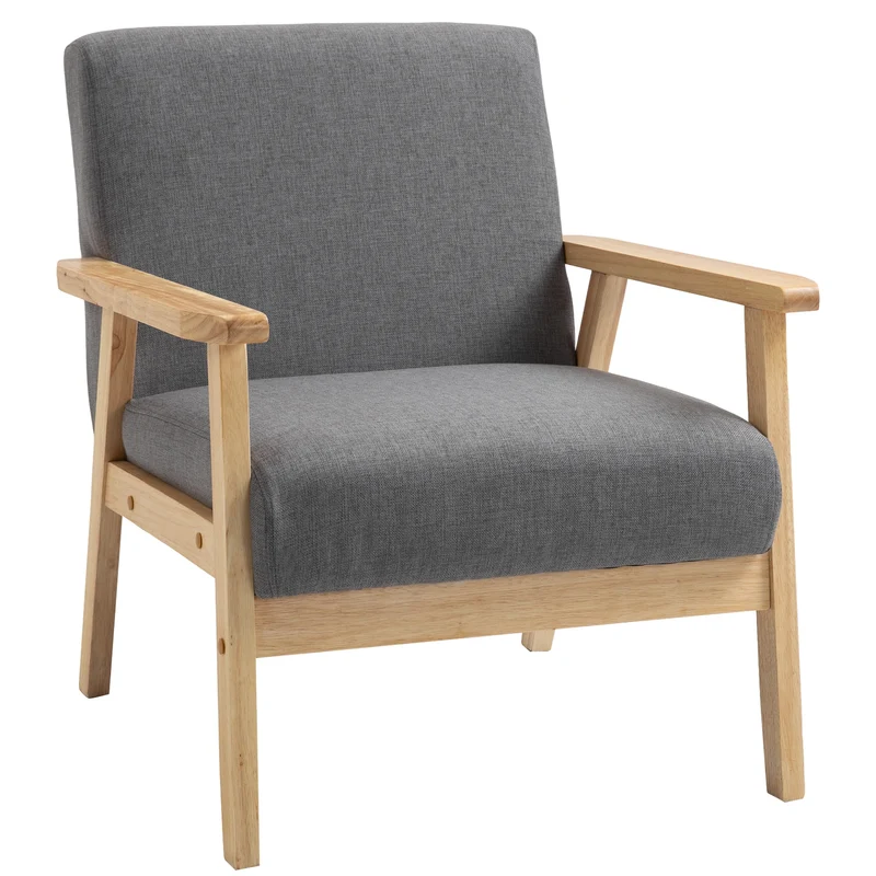Poltrona em estilo Escandinavo Poltrona de Acento Madeira Maciça Linho 64x70x72 Cinza Natural