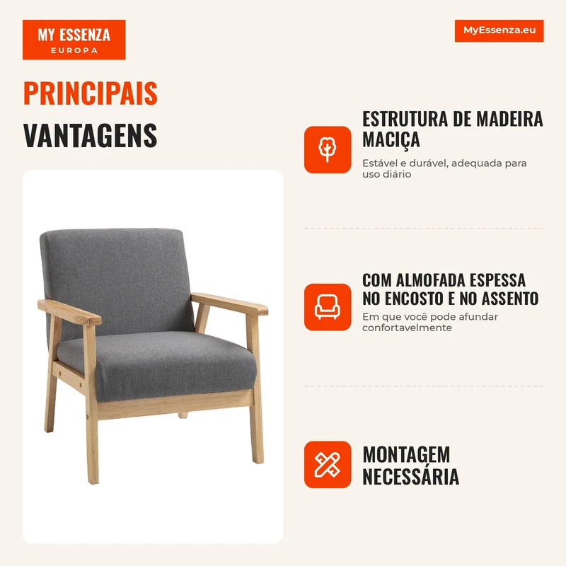 Poltrona em estilo Escandinavo Poltrona de Acento Madeira Maciça Linho 64x70x72 Cinza Natural