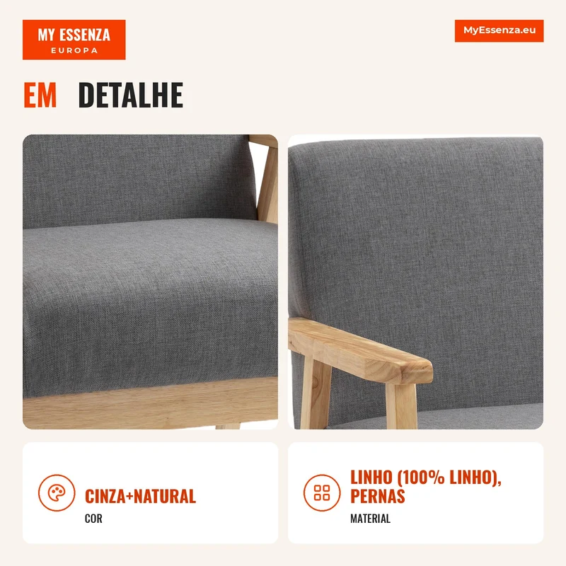 Poltrona em estilo Escandinavo Poltrona de Acento Madeira Maciça Linho 64x70x72 Cinza Natural