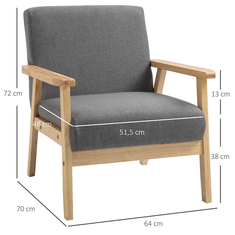 Poltrona em estilo Escandinavo Poltrona de Acento Madeira Maciça Linho 64x70x72 Cinza Natural