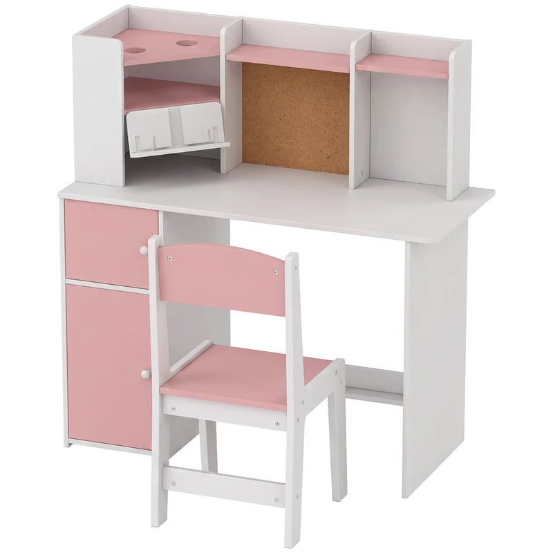 Secretária Infantil com Cadeira, Suporte Ajustável para Tablet, Porta-lápis, Quadro de Cortiça, Estantes e Armários, Rosa