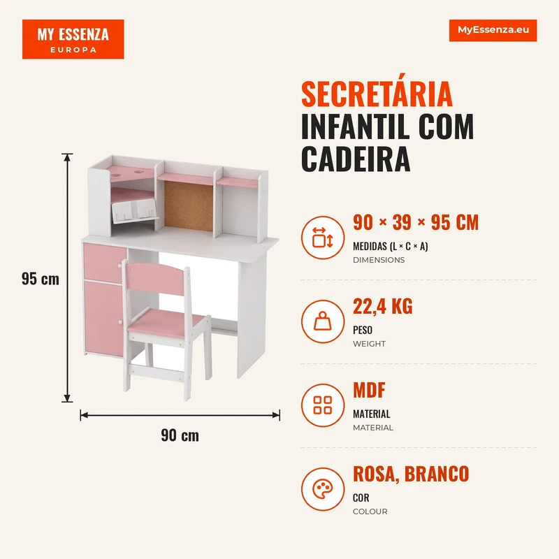 Secretária Infantil com Cadeira, Suporte Ajustável para Tablet, Porta-lápis, Quadro de Cortiça, Estantes e Armários, Rosa