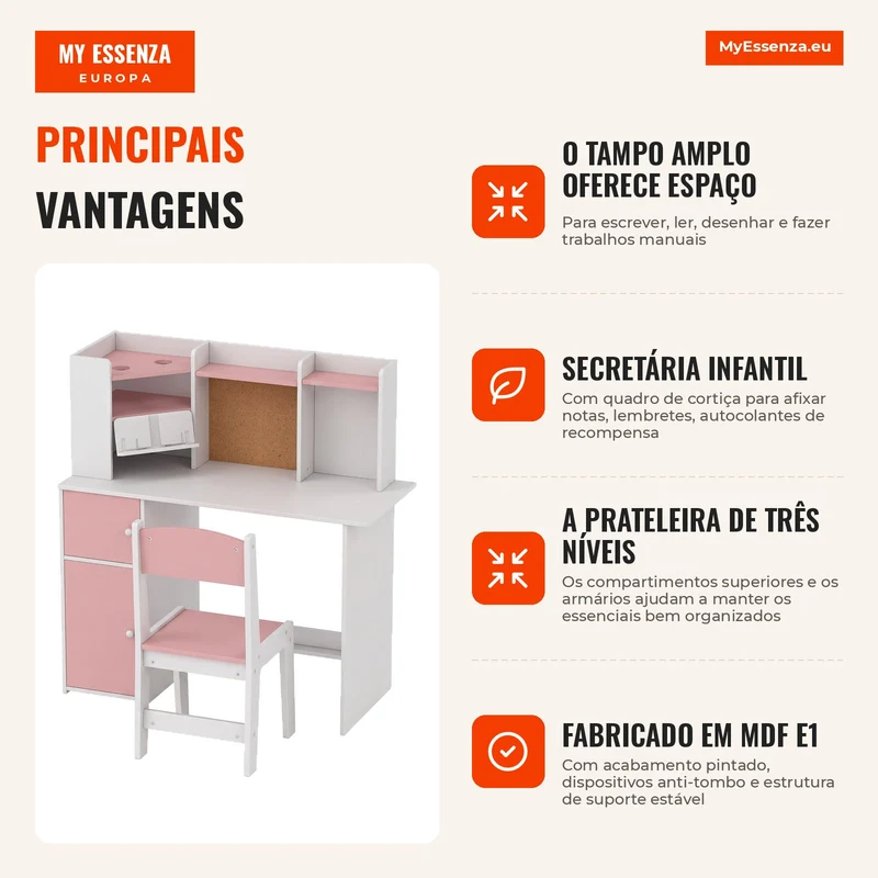 Secretária Infantil com Cadeira, Suporte Ajustável para Tablet, Porta-lápis, Quadro de Cortiça, Estantes e Armários, Rosa