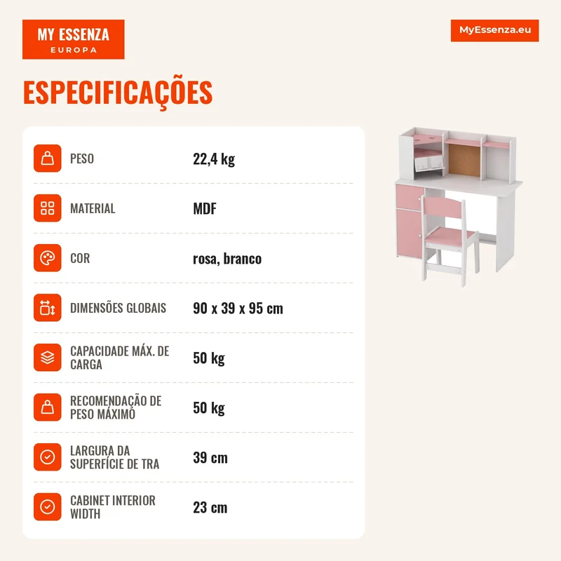 Secretária Infantil com Cadeira, Suporte Ajustável para Tablet, Porta-lápis, Quadro de Cortiça, Estantes e Armários, Rosa