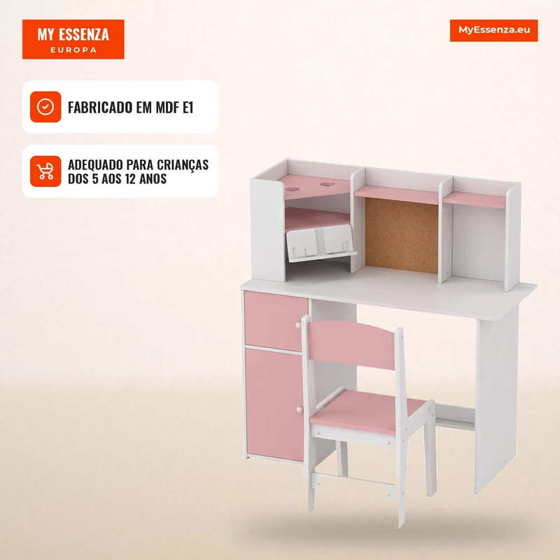Secretária Infantil com Cadeira, Suporte Ajustável para Tablet, Porta-lápis, Quadro de Cortiça, Estantes e Armários, Rosa