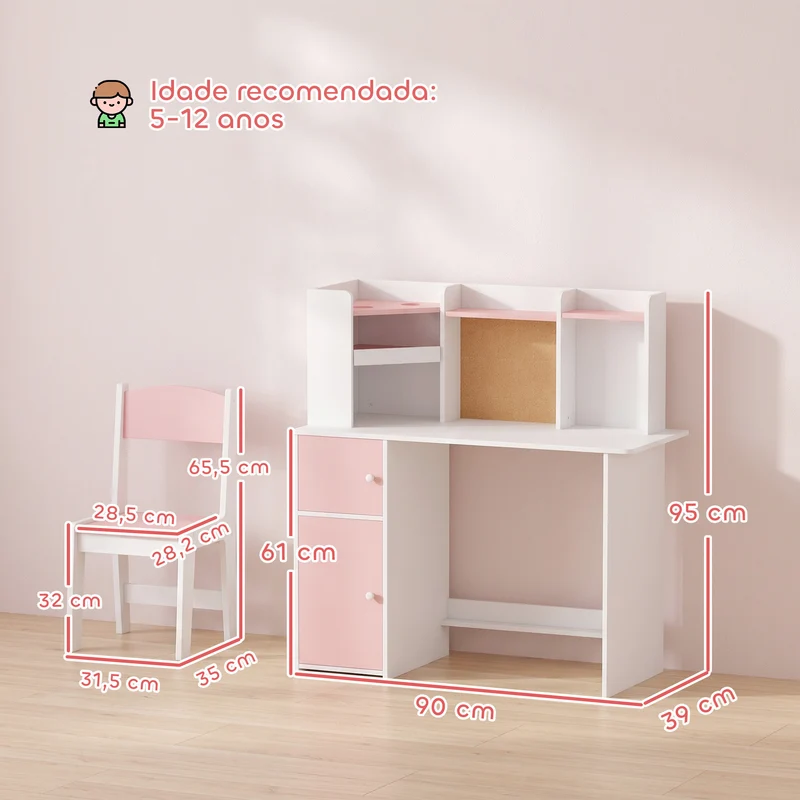 Secretária Infantil com Cadeira, Suporte Ajustável para Tablet, Porta-lápis, Quadro de Cortiça, Estantes e Armários, Rosa