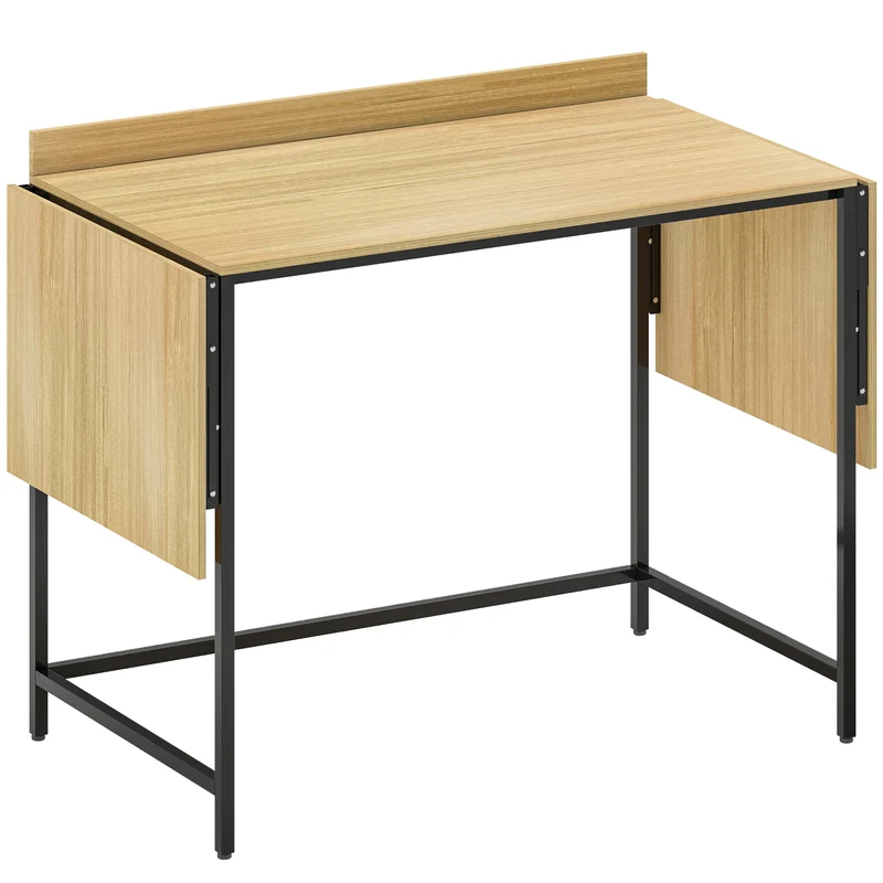 Mesa de computador dobrável com 2 tampos extensíveis, muito espaço para monitores, pés metálicos, construção robusta, Carvalho+Preto