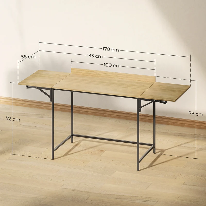 Mesa de computador dobrável com 2 tampos extensíveis, muito espaço para monitores, pés metálicos, construção robusta, Carvalho+Preto