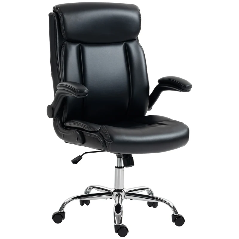 Cadeira de Escritório Ergonómica com Apoios de Braço Eleváveis Cadeira de Escritório em PU Altura Ajustável Função de Inclinação Preto