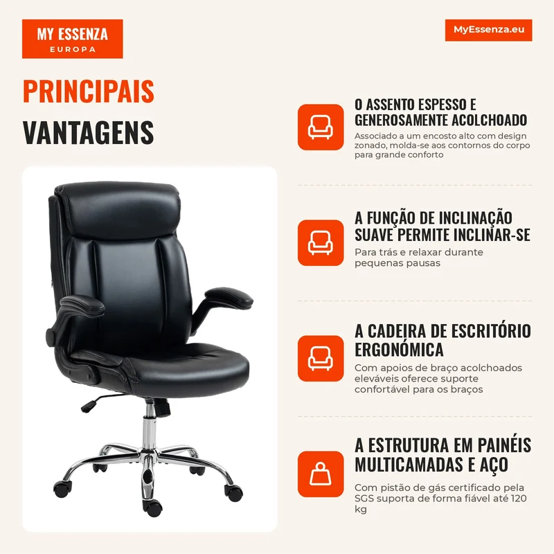 Cadeira de Escritório Ergonómica com Apoios de Braço Eleváveis Cadeira de Escritório em PU Altura Ajustável Função de Inclinação Preto