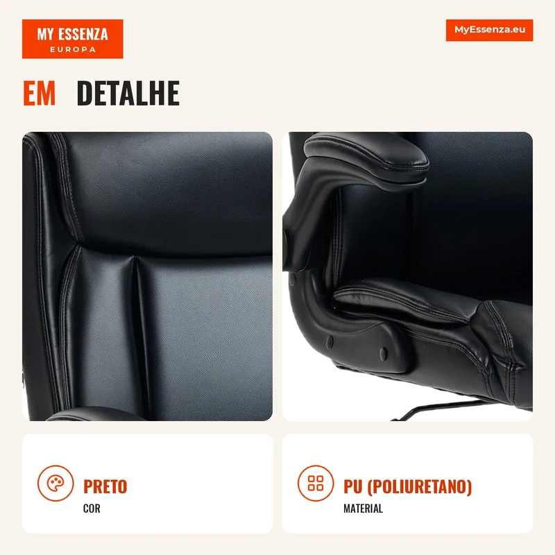 Cadeira de Escritório Ergonómica com Apoios de Braço Eleváveis Cadeira de Escritório em PU Altura Ajustável Função de Inclinação Preto
