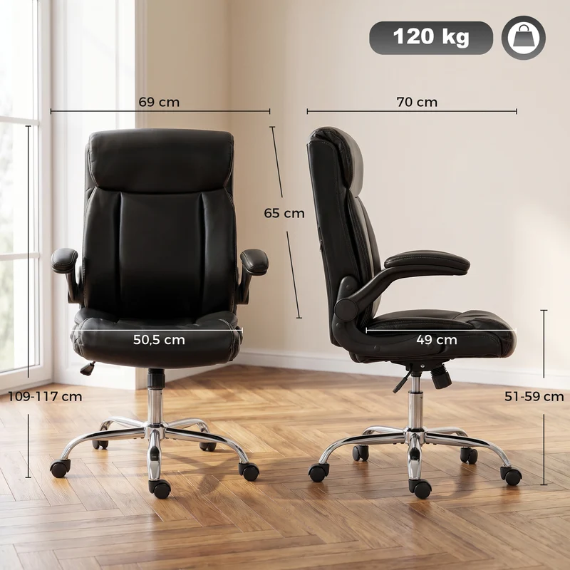 Cadeira de Escritório Ergonómica com Apoios de Braço Eleváveis Cadeira de Escritório em PU Altura Ajustável Função de Inclinação Preto