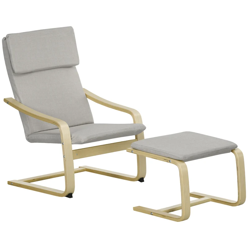 Poltrona lounge com apoio, Revestimento com aspecto de linho, Estrutura em madeira, até 120 kg, Cinza claro/Natural