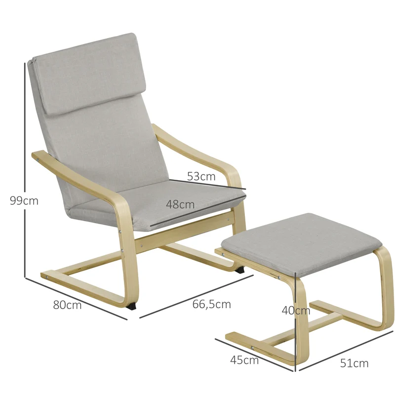 Poltrona lounge com apoio, Revestimento com aspecto de linho, Estrutura em madeira, até 120 kg, Cinza claro/Natural