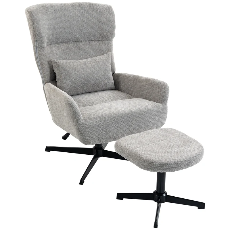 Poltrona Lounge Giratória 360° com Pufe Altura Ajustável Revestimento em Chenille com Almofada Lombar Branco e Creme