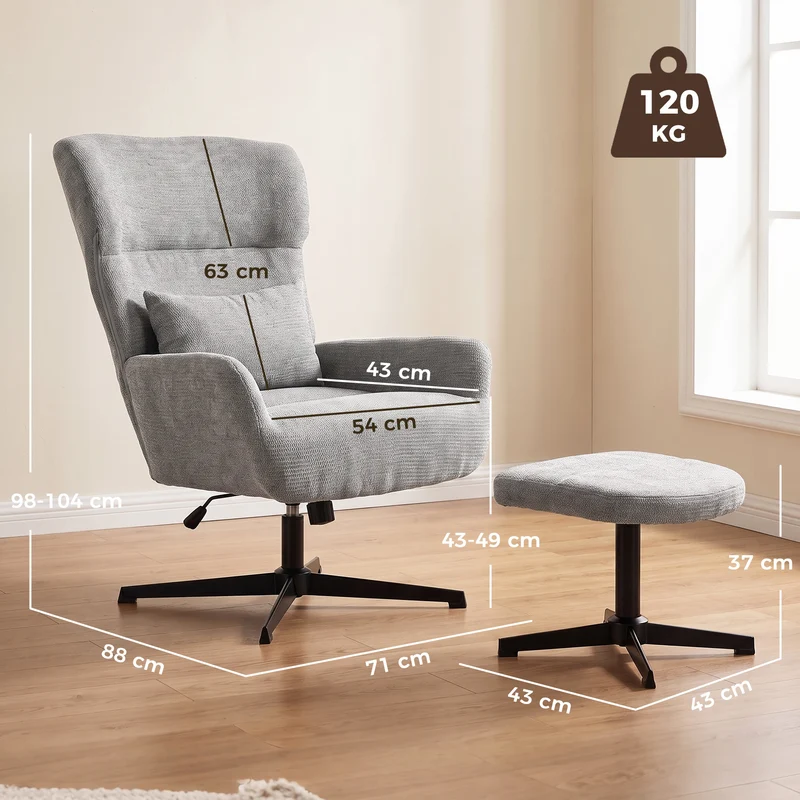 Poltrona Lounge Giratória 360° com Pufe Altura Ajustável Revestimento em Chenille com Almofada Lombar Branco e Creme