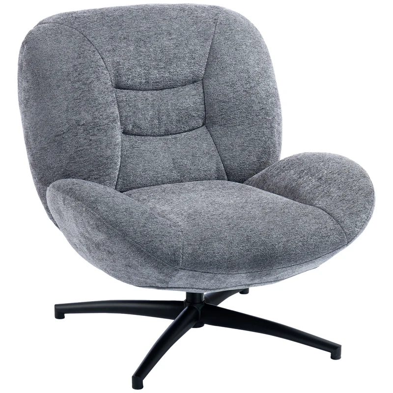 Poltrona de Sala Giratória Poltrona Lounge com Assento Largo Apoio de Braço Integrado Efeito Chenille Cinza Escuro