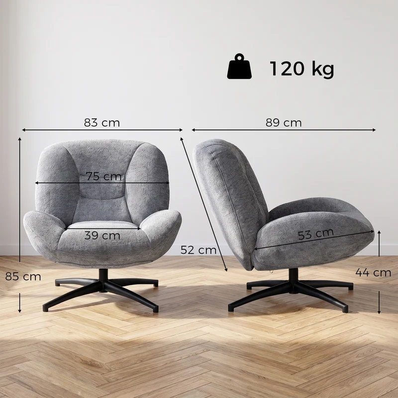 Poltrona de Sala Giratória Poltrona Lounge com Assento Largo Apoio de Braço Integrado Efeito Chenille Cinza Escuro