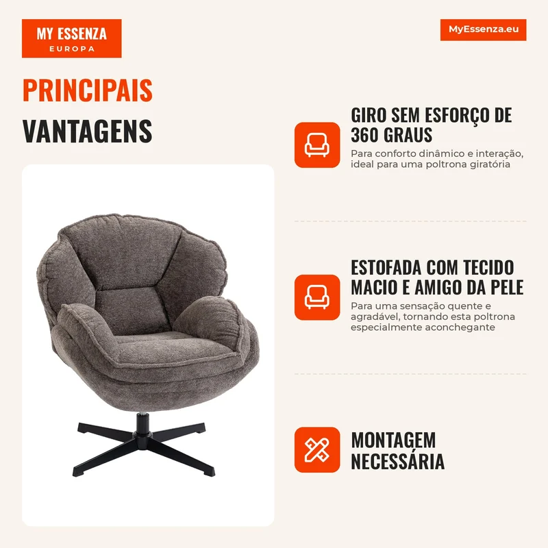 Poltrona Moderna Poltrona com Braços em Veludo e Base Estrela de Quatro Pontas Molas em S Função de Giro 360° Cinza