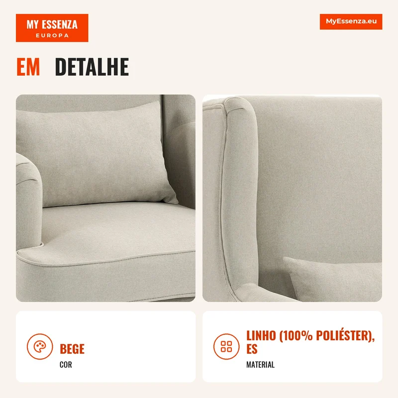 Poltrona de destaque, poltrona com efeito linho, encosto alto, assento largo, almofada lombar, Bege