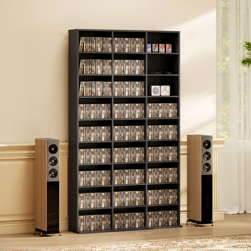 Móvel Porta CD 9 Prateleiras com 21 Prateleiras Reguláveis Estante para 835 CD/500 DVD/640 Salva Espaço 100x24x175 cm Preto