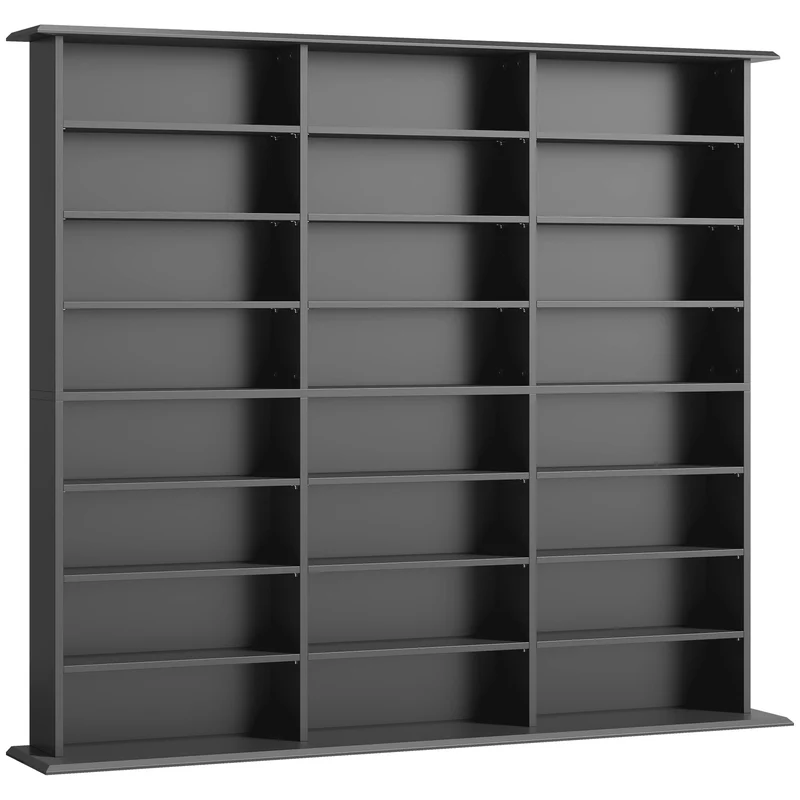 Móvel Porta-CD de 8 Níveis com 18 Prateleiras Reguláveis 1032 CD/594 DVD/Blu-ray Salva-espaço com 24 Compartimentos 145x24x126,3 cm Preto