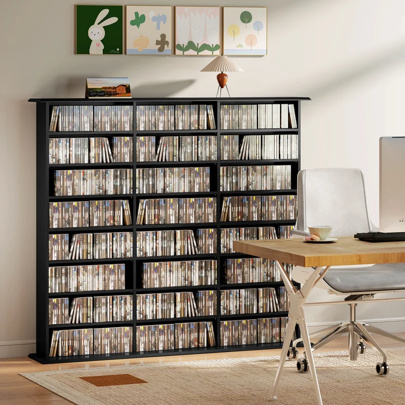 Móvel Porta-CD de 8 Níveis com 18 Prateleiras Reguláveis 1032 CD/594 DVD/Blu-ray Salva-espaço com 24 Compartimentos 145x24x126,3 cm Preto