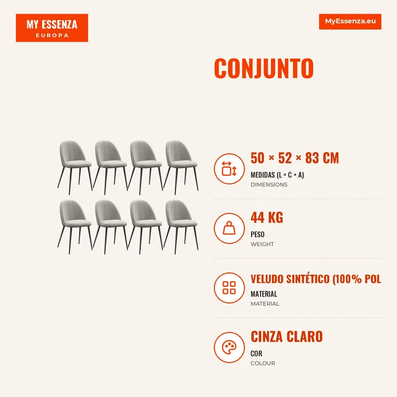 Conjunto de 8 Cadeiras de Sala de Jantar Modernas Cadeiras Estofadas em Veludo com Encosto Alto 50x52x83 cm Cinza