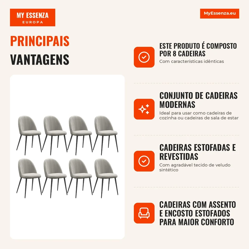 Conjunto de 8 Cadeiras de Sala de Jantar Modernas Cadeiras Estofadas em Veludo com Encosto Alto 50x52x83 cm Cinza